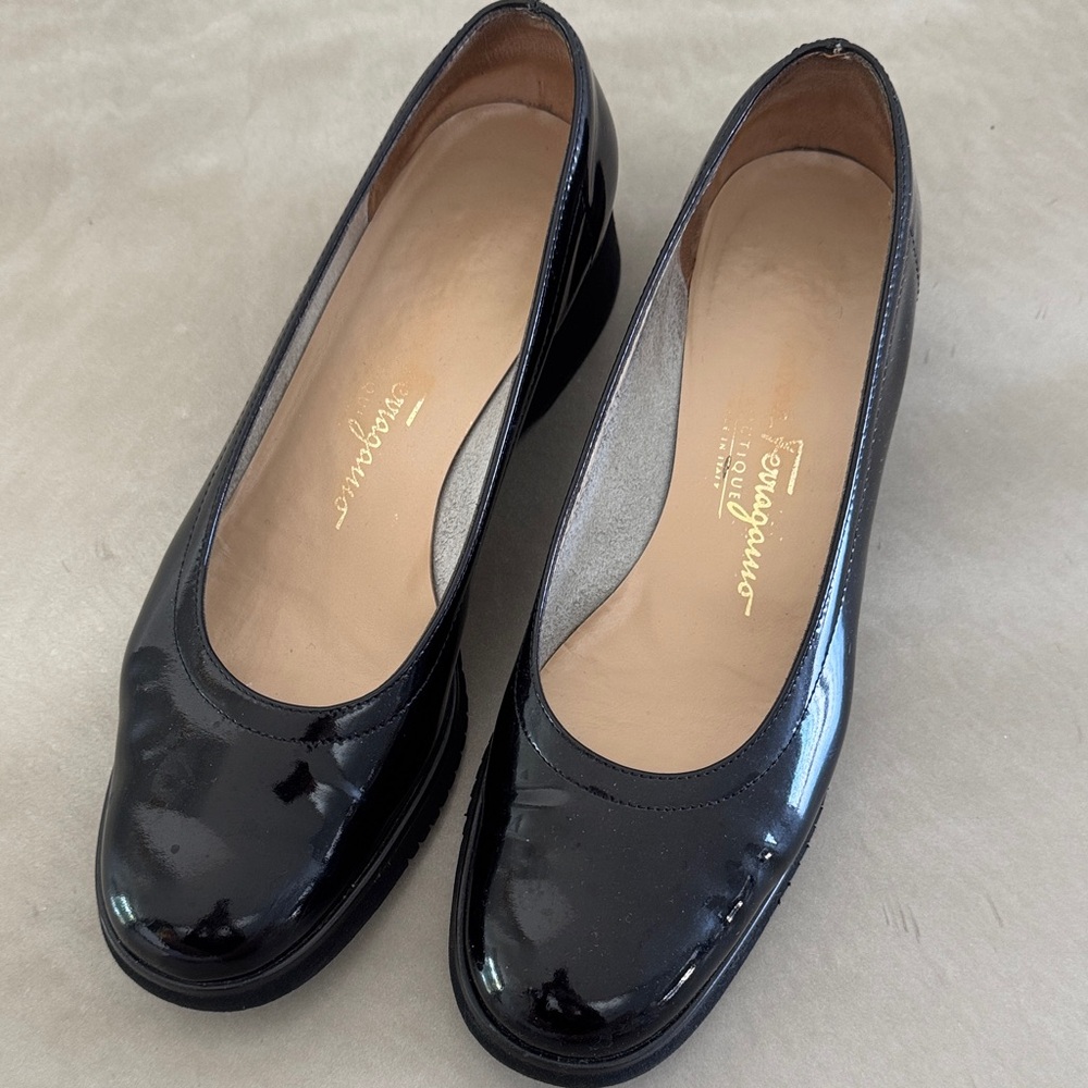 Salvatore Ferragamo Black Patent Leather Wedge Pumps | Made in Italy